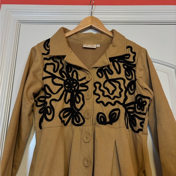 PAPER LACE Tan Coat with Black Floral Embroidery. 100% Cotton. Size Small. - Picture 2 of 7